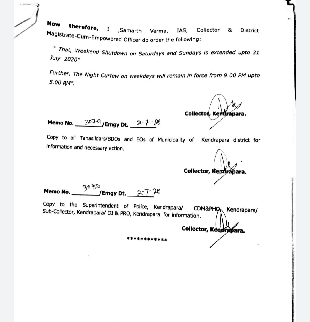 dmkendrapara's tweet photo. District administration Kendrapara has extended weekly shutdown on saturdays and sundays till 31st July, 2020.  Everyone is requested to cooperate in this fight against Corona. https://t.co/voZat6lTQr