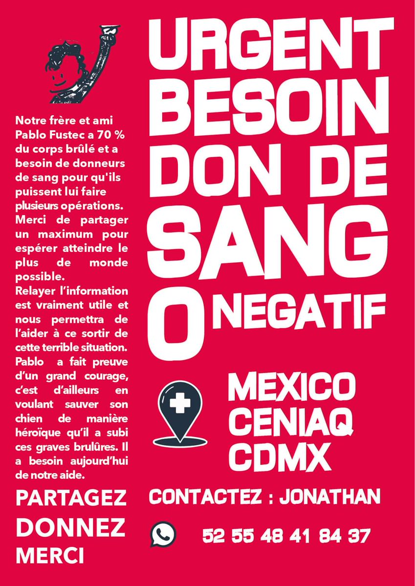 Liliclover's tweet photo. Bonjour à tous et toutes,
Il est arrivé un accident dramatique au frère d'une amie. Si vous connaissez quelqu'un qui vit à ou vers Mexico et qui  pourrait donner son sang O négatif.
Partager largement MERCI de m'avoir lu
Ps: ceci n'est ni une arnaque ni un fake.
#sauverpablo https://t.co/FDk7NwrVyl