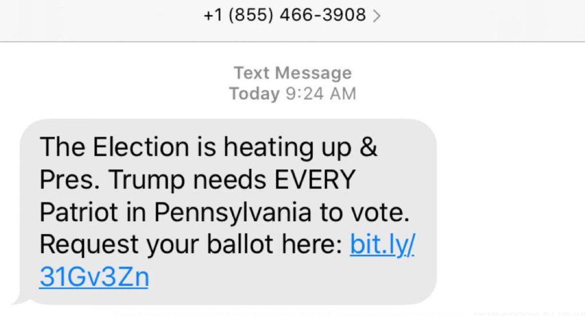 United_for_RP's tweet photo. Text goes out in Pennsylvania this morning--leads to a form on Trump's campaign website where PA voters can request a mail-in ballot. Remind us again how you feel about mail-in ballots, Mr. President? https://t.co/MaiNjTAHkG