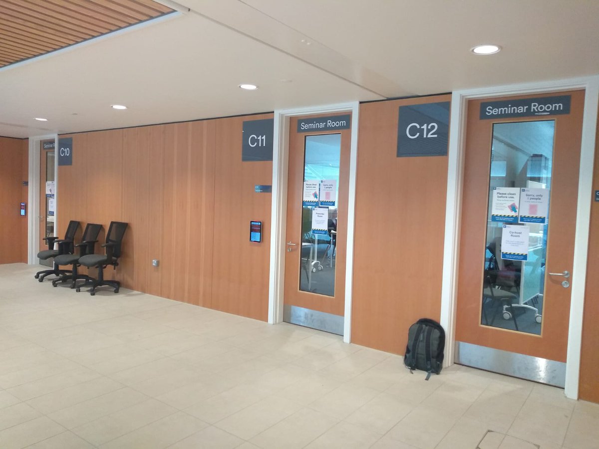 For each sessions we have 3 roles: the presenter, the co-host, and the technical producer. They are social distancing by sitting in rooms next to each other in our Monica Partridge Building. (3/8)