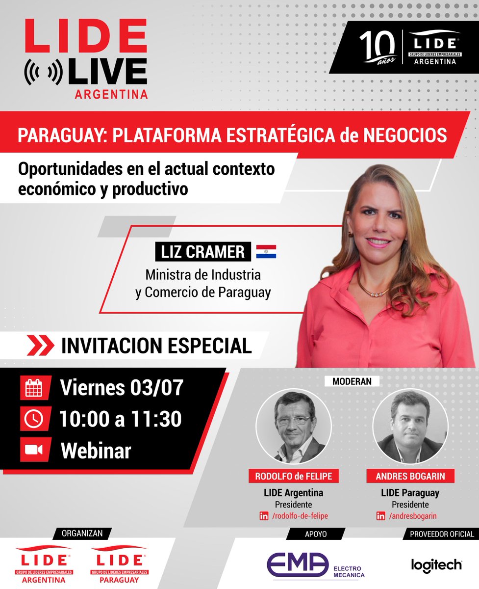 HRCconsultora's tweet photo. 📌 Mañana 3 de julio tendrá lugar una nueva edición de #LIDELiveArgentina, con la destacada participación de la ministra de Industria y Comercio de Paraguay Liz Cramer.
Para inscripción al webinar: CLICK AQUÍ ⬇⬇
https://t.co/YOBM3SrWQc
#LIDETalks #LIDELive @lideargentina https://t.co/hLGqRaWnmi