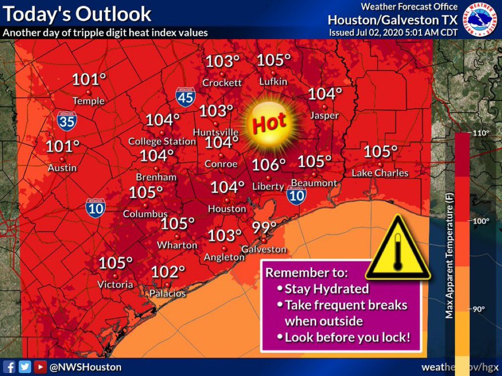 KBTXKayleigh's tweet photo. Looking forward to another day of tripple digit heat indices across the Houston area🥵 

Remember to take precautions against the heat: 

Stay hydrated 💦
Check your vehicle before locking up🚘
Take plenty of breaks from outside activities 🏃🏻‍♀️
Wear Sunscreen ☀️ https://t.co/6KpxlZol9s