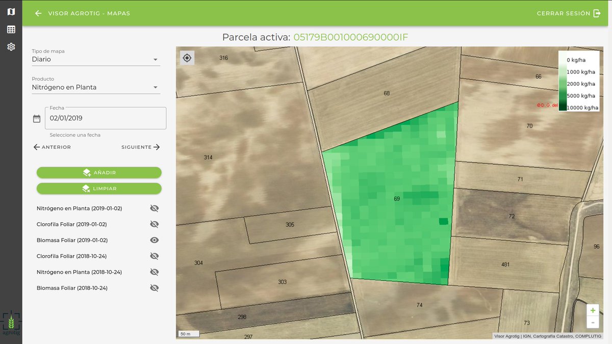 agrotig's tweet photo. Ya está disponible nuestro visor de #mapas, donde podrás realizar un seguimiento en tiempo casi-real de tus parcelas  de #cereal con #sentinel2 además de consultar la #cosecha y el balance de #Nitrógeno
https://t.co/igvjIeuzCR https://t.co/nLLyWdefqn
