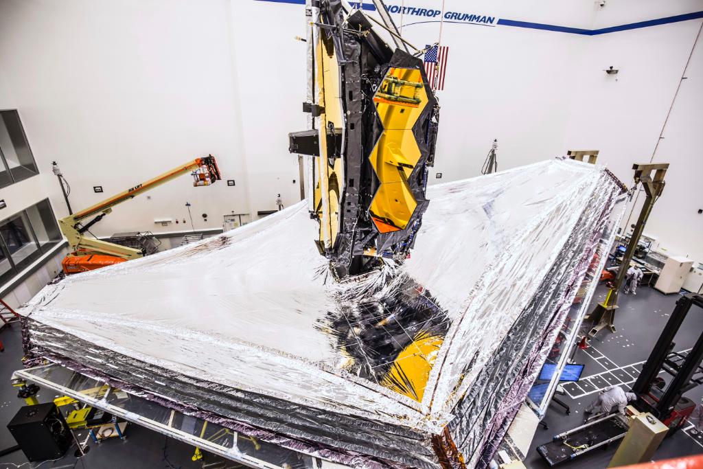 An overhead view of the deployed James Webb Space Telescope sunshield.
