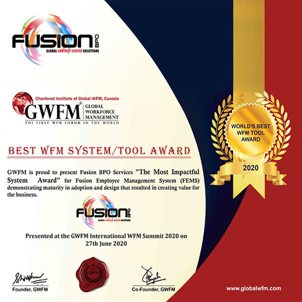 fusion_cx's tweet photo. Fusion BPO Services Wins the Most Impactful System Award by Global Workforce Management Forum
Read: https://t.co/FMRAWXWvh5
#GWFM #Award #WorkforceManagement #wfmtool #WFMSummit2020 https://t.co/qTcEVYJ5y6