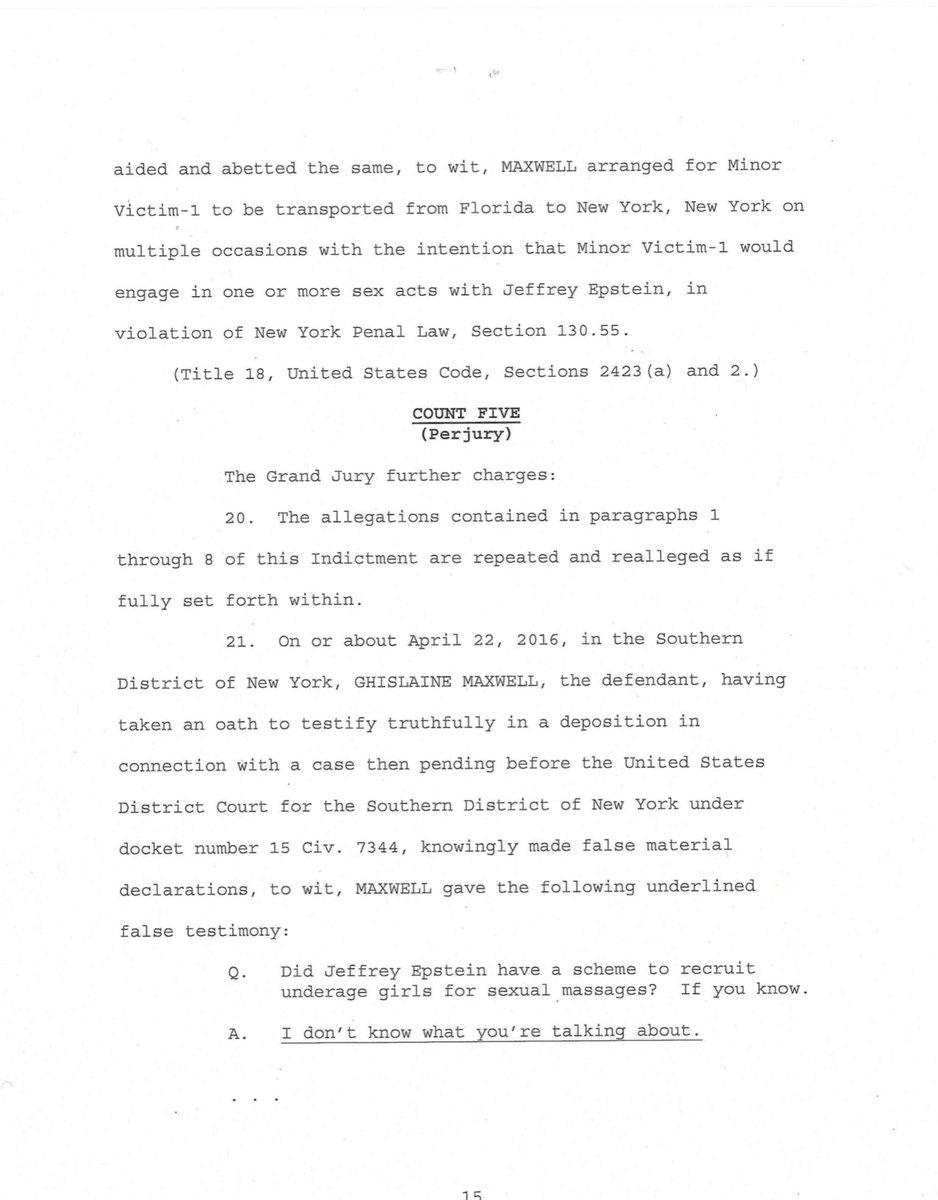 Counts Five & Six in the Indictment- Perjury I hope she’s remanded pending trial.You get that this was the hardworking & undeterred pursuit of Justice by the FBI & SDNY, right? https://twitter.com/File411/status/1278692538745061376?s=20