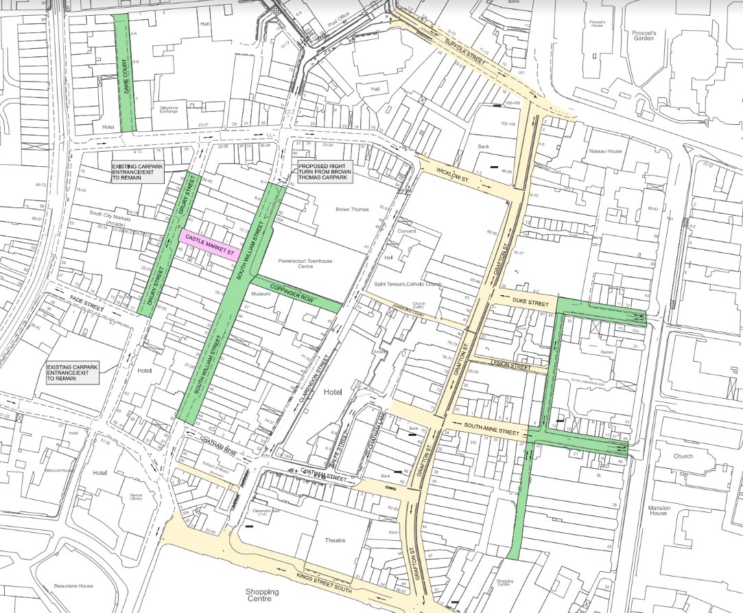 Pidge's tweet image. 🚧🚶🚶🏿🚶‍♀️🚶🏻🚧

Dublin pedestrianisation trials in Grafton Street area announced!

Green bits below will trial pedestrianisation, weekends between 11am-7pm. Trial will run for four weekends beginning 25 July.

Thoughts?