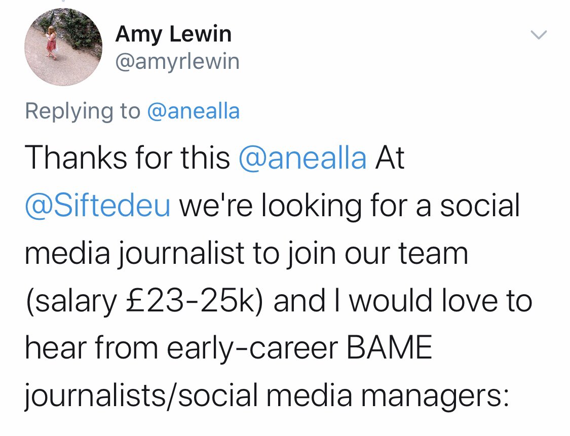 . @Siftedeu is looking for an early-career social media journalist (salary £23-25k) and  @amyrlewin encourages ethnic minorities to apply. More details here:  https://sifted.eu/jobs/social-media-journalist/