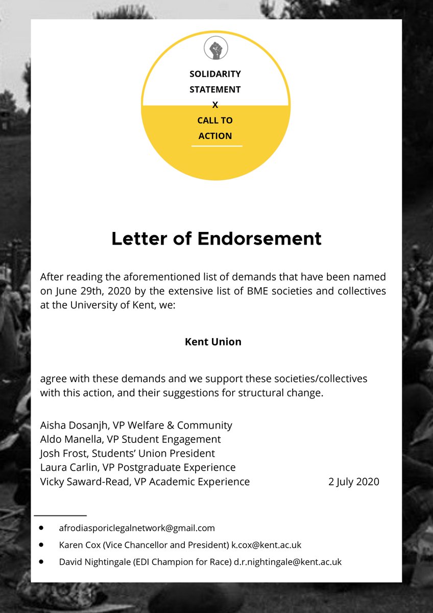 KentUnion's tweet photo. We welcome your statement and endorse the aims of your demands. Thank you to all the collective for reaching out to us. We endorse your calls to action, change is a collaborative process and we have contacted you to discuss how we can work alongside you to lobby @UniKent https://t.co/gW3TZem3gz