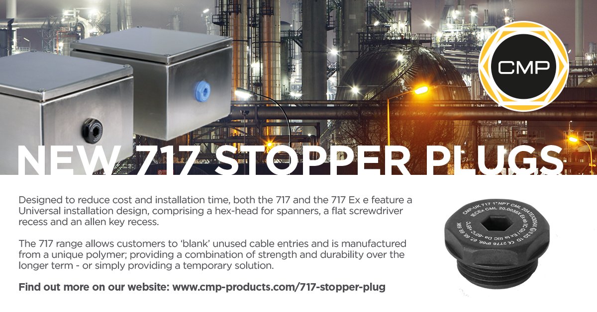 The new 717 Industrial and 717 Explosive Atmosphere nylon stopper plugs are manufactured in the UK using CMP’s state-of-the-art moulding facilities.

Learn more about the product range by visiting: cmp-products.com/717-stopper-pl…