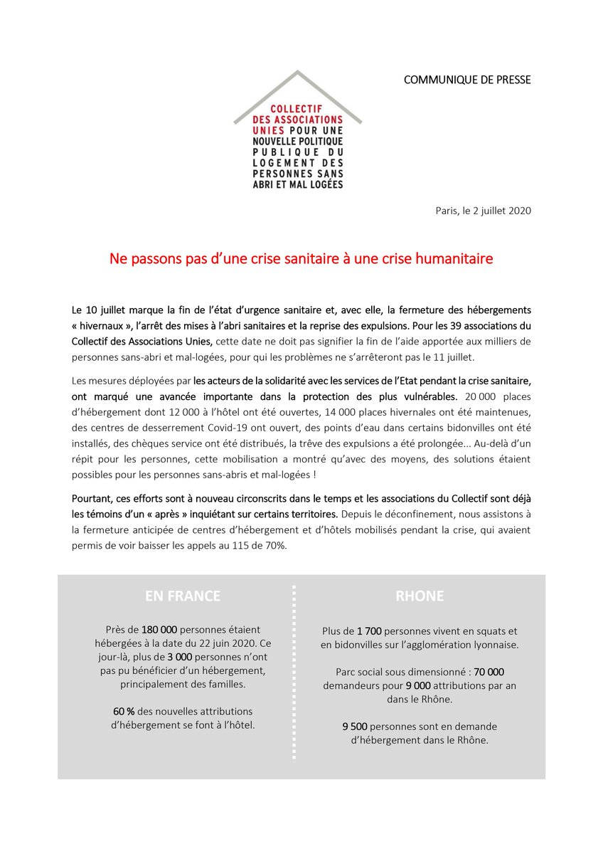 AssosLogement's tweet photo. 🔴Le @CollAssoUnies alerte sur la fin de l’état d’urgence sanitaire le #10Juillet : quel #après pour les personnes sans-abris et mal logées? Aucune #expulsion ou remise à la rue sans solution de logement ou d’hébergement ne doit intervenir !
↪️https://t.co/2YYPuor61c https://t.co/mwPECvaXBn