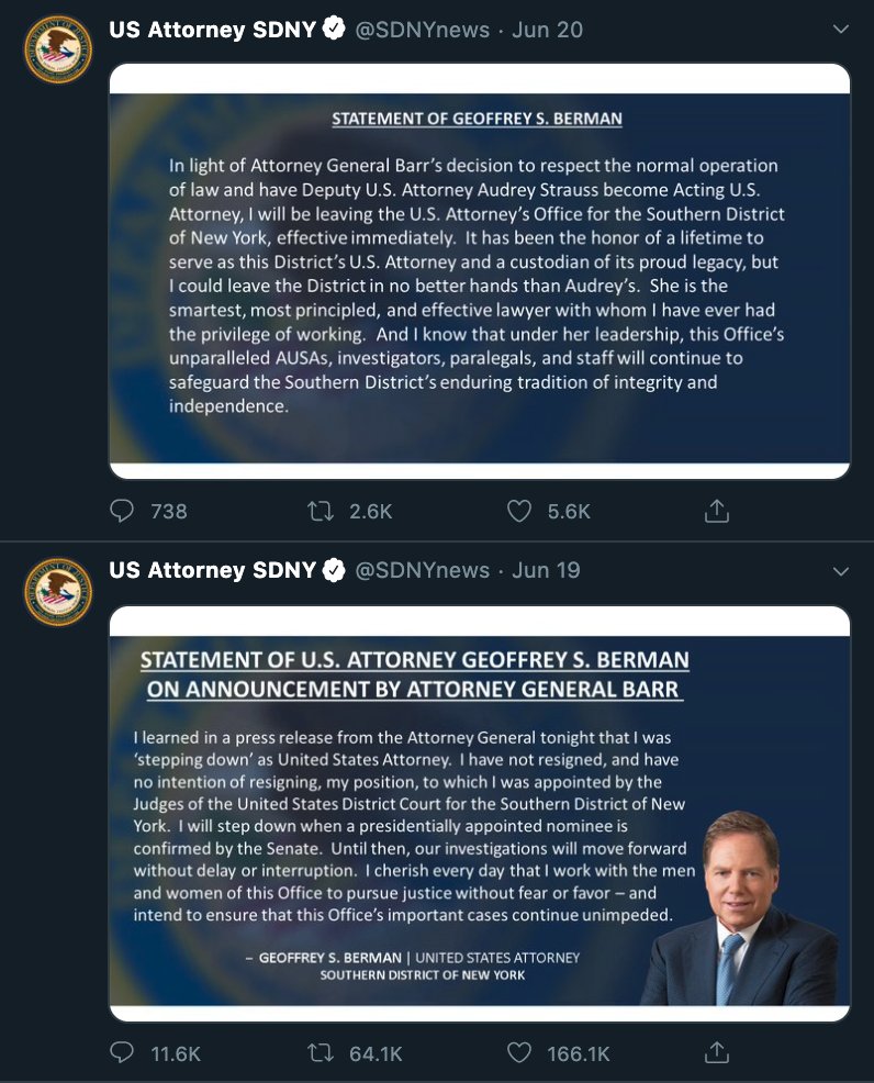 Eleven days after that AG Barr surprised Berman by announcing he was stepping down. Barr attempted to appoint a NJ prosecutor as interim head of SDNY. After a daylong struggle, Berman secured some assurance that his deputy Audrey Strauss would take over instead and agreed to go.