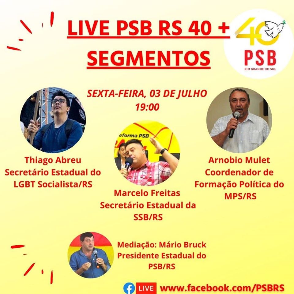 psbrs's tweet photo. 📌 Nesta sexta-feira (3), às 19h, a live do PSB RS 40+ será com os segmentos LGBT, Sindical e MPS. O debate será conduzido pelo presidente estadual, Mário Bruck, e contará com a participação de Thiago Abreu, Marcelo Freitas e Arnóbio Mulet.
Acompanhe pelo Facebook. 
#PSBRS https://t.co/vBFiHxMFpQ
