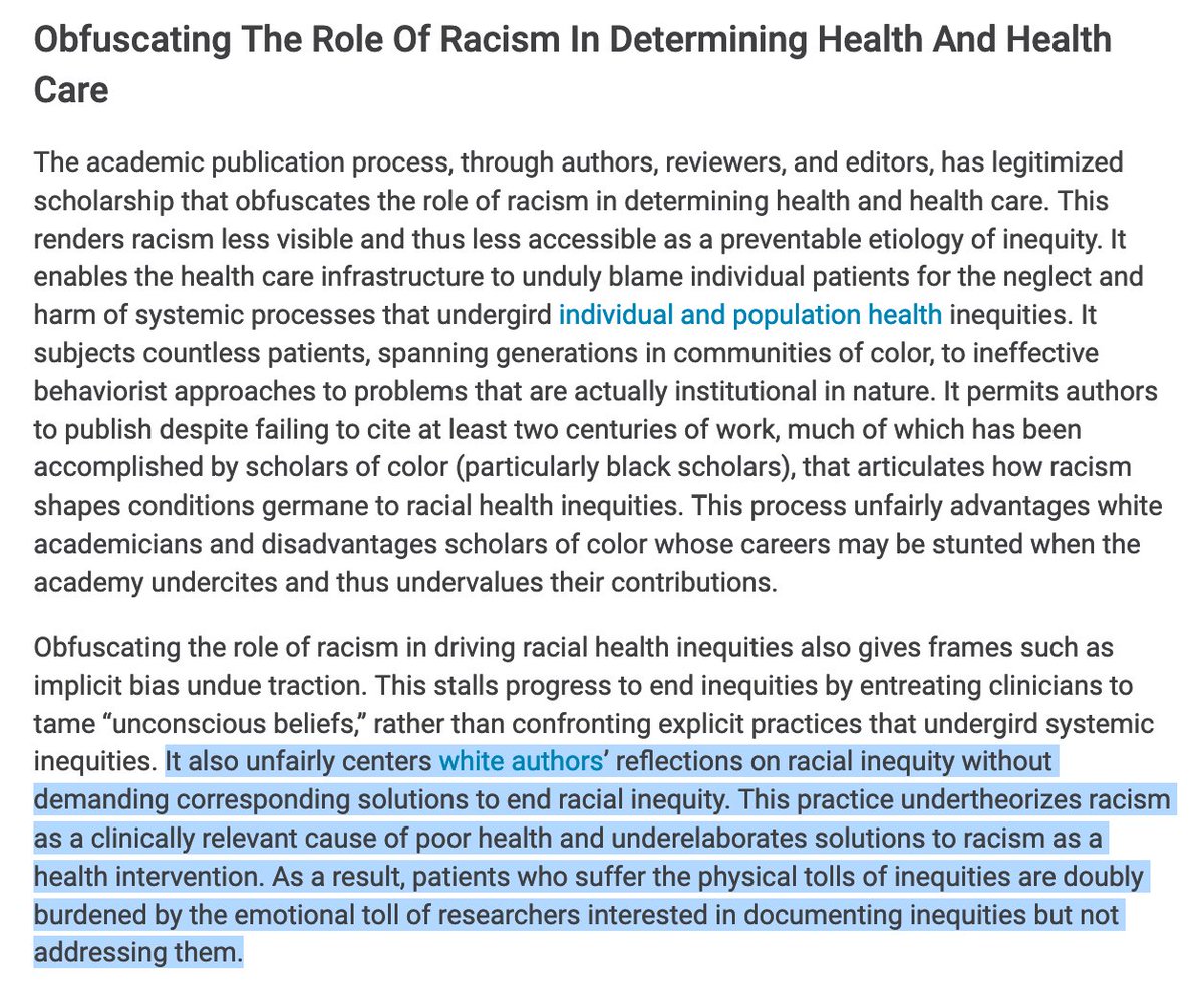 And we explicitly name the alarming ways authors evade racism and its impacts on health and health care. The result is published scholarship often centers white scholars reflections *on* inequities at the expense of a rigorous investigation of solutions to inequities.