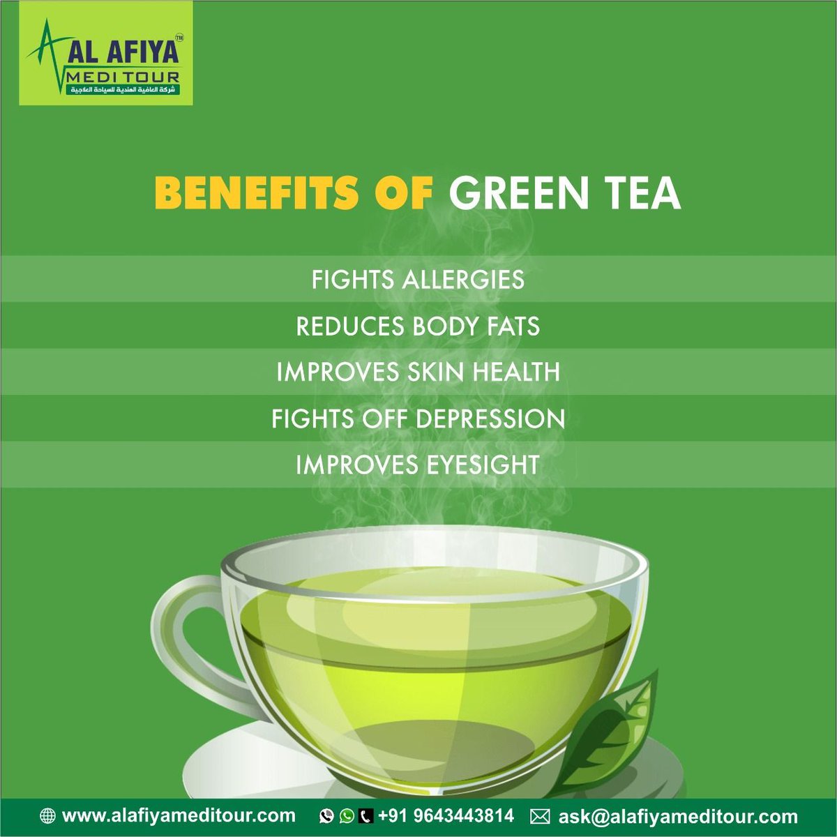 AlAfiyaMediTour's tweet photo. Green tea is a natural source of caffeine, making it a great way to perk yourself up when you’re feeling tired. Green tea contains less caffeine than coffee,you can sip this beverage throughout the afternoon without significantly disturbing your sleep(MayoClinic2014).#greantea😉 https://t.co/37j09ydt5M