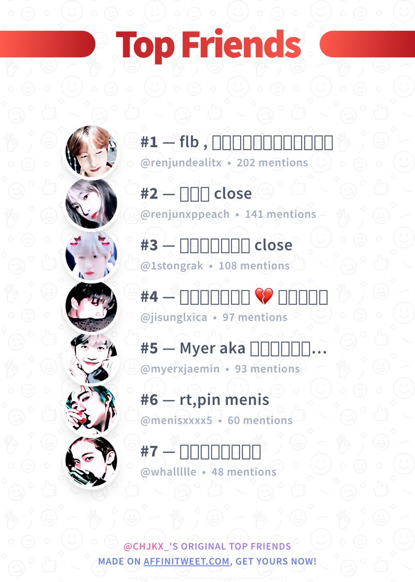 #Affinitweet Top Friends
🥇 renjundealitx
🥈 renjunxppeach
🥉 1stongrak
🏅 jisunglxica
🏅 myerxjaemin
🏅 menisxxxx5
🏅 whallllle
via affinitweet.com/top-friends