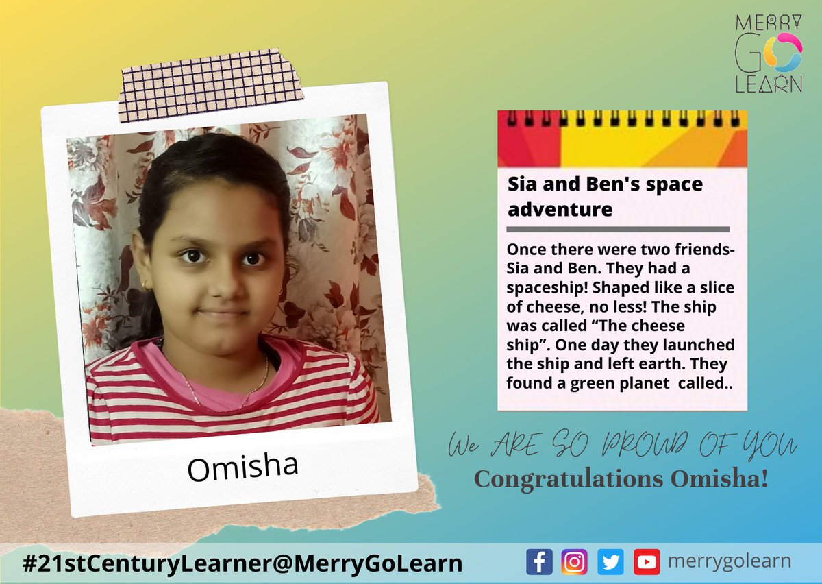 MerrygoLearn's tweet photo. Meet Omisha, a 21stcenturylearneratMGL. Her beautiful story "Sia and Ben's Adventure" got featured on @bookosmia recently.
We congratulate bright Omisha on this achievement.

#MGL #merrygolearn #learnwithfun #MGLfamily #onlineclasses #liveclassesforkids https://t.co/Ll94VZKKFH