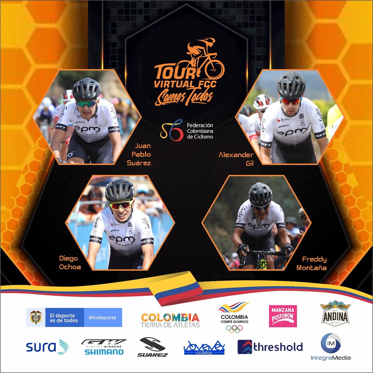 ¡Con toda! El @EPMCiclismo confirma un equipazo para el #TourVirtualFCC Somos Todos, competencia que tendrá tres etapas 9, 10 y 11. ¡Las inscripciones van hasta el 5 de julio!
