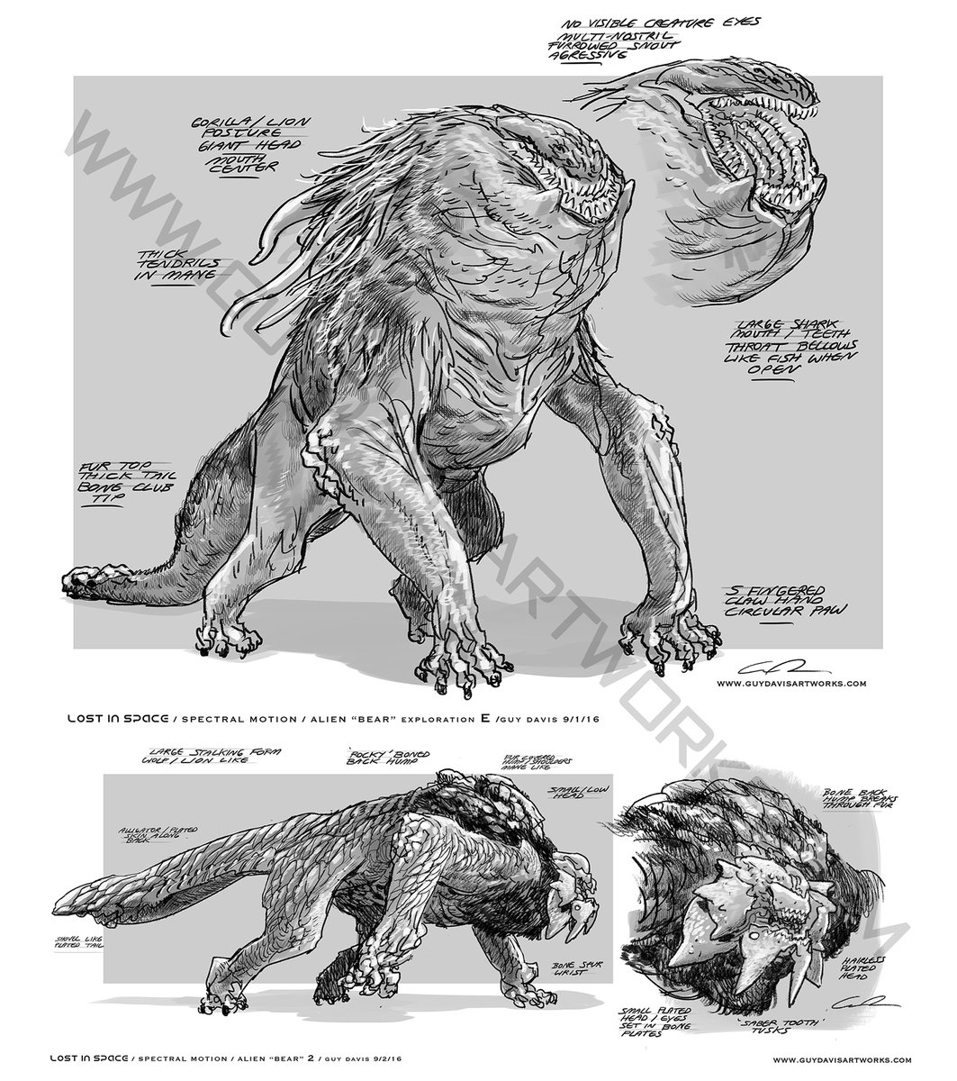 GuyDavisART's tweet photo. "Danger, Will Robinson!" some 2016 alien wildlife concepts for Spectral Motion on the LOST IN SPACE reboot #ThrowbackThursday #creatureconcept https://t.co/FahXAfAPE9