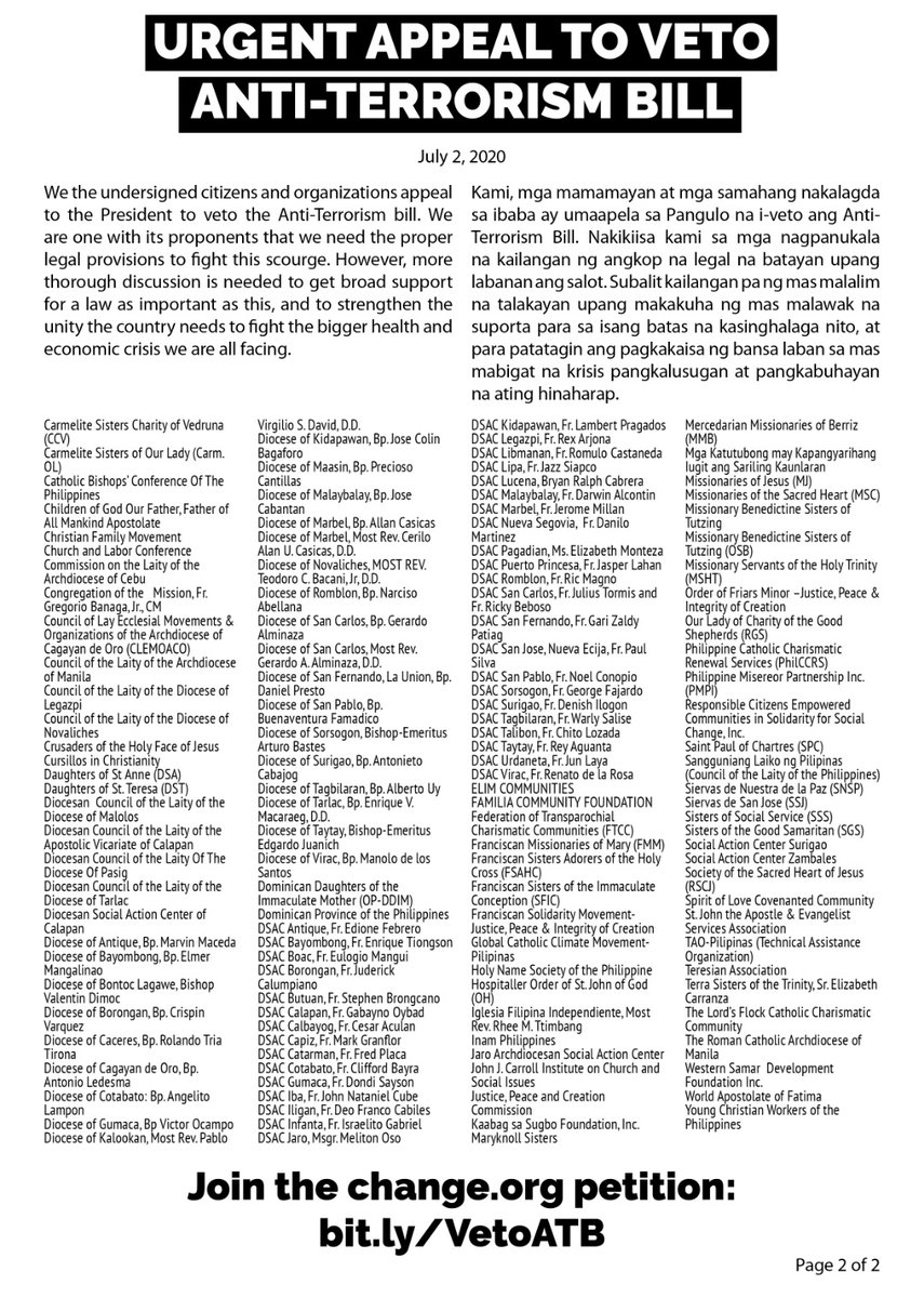 LOOK
250 educational, political, labor, and religious organizations including some of PH's biggest business groups like @MBCforum make an urgent appeal to veto the #AntiTerrorismBill

The bill is seen to lapse into law by July 9 if Pres. Duterte does not veto or sign it