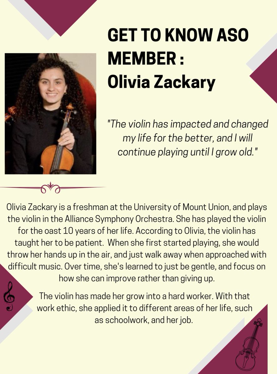 At this time of separation from the orchestra, our members have reflected on their experiences with music and the Alliance Symphony. Meet violinist Olivia Zackary. <a href="/mountunion/">Univ. of Mount Union</a>