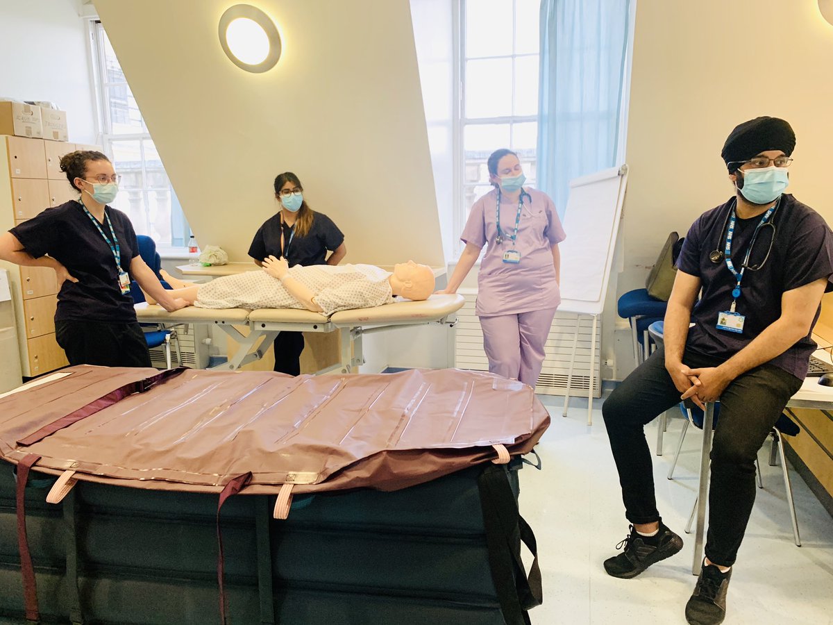 PtSayson's tweet photo. Falls Awareness Training. Our FY1s at @NHSBartsHealth managing a fallen patient/restricted access using #HoverJack #HoverMatt at @BartsHospital Simulation Centre with @sim_stbarts @Bartssim and @Moving_Handling Ergonomics Service @BH__Academy. https://t.co/30BQZW1hTt