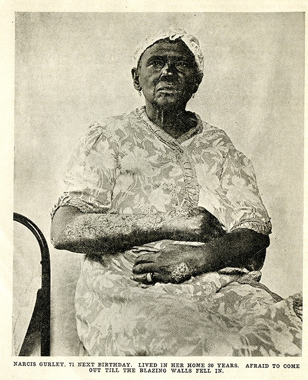 The violence was heavily documented by reporters. Days later, journalist Ida B. Wells and NAACP co-founder W.E.B. DuBois arrived, interviewing and photographing victims, including a badly burned 71-year-old Narcis Gurley, "afraid to come out till the blazing walls fell in."