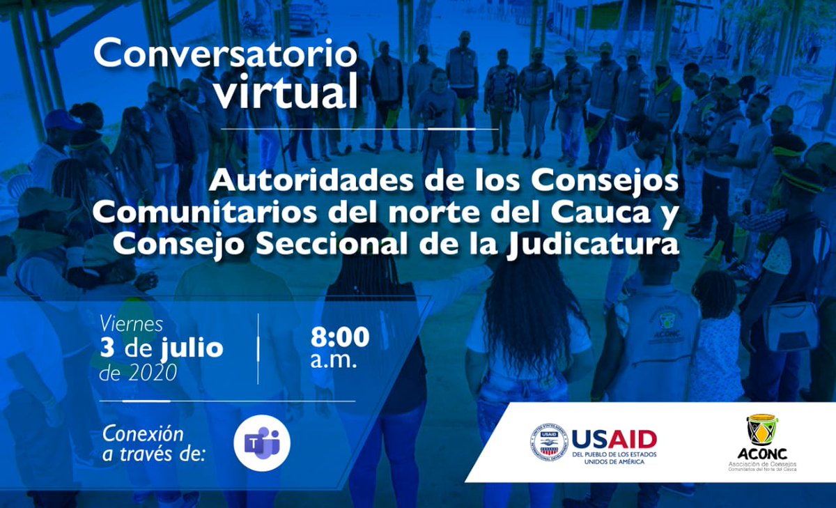 INVITACIÓN
Les invitamos a participar en el conversatorio: Las formas ancestrales y tradicionales de resolver conflictos de las Autoridades de los Consejos Comunitarios del Norte del Cauca en sus territorios.

Fecha: viernes 03 de julio de 2020 
Hora : 08:00 a.m.