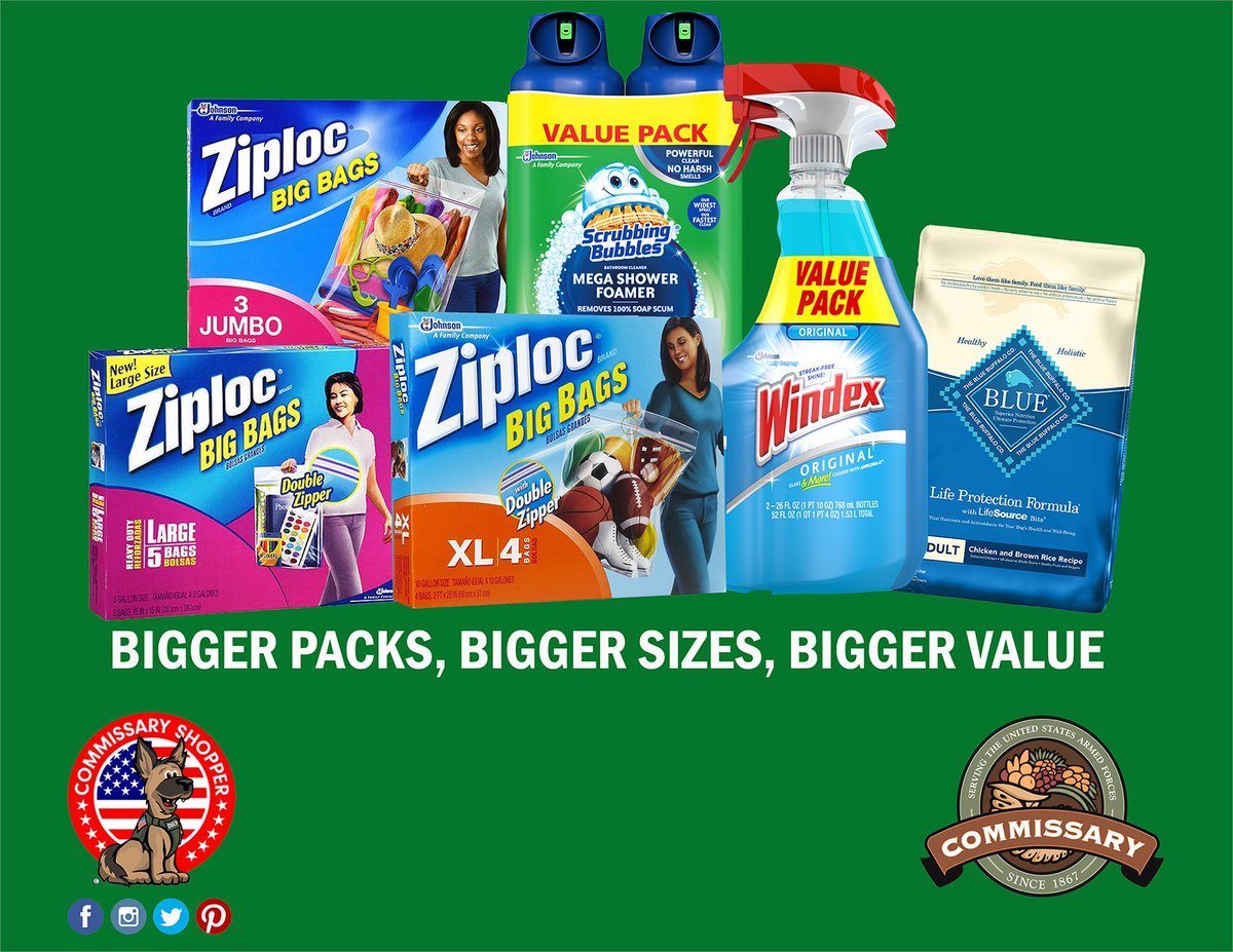 CommissaryShep's tweet photo. ARF! Visit Your Local Commissary NOW! Patrons Save 27% vs. Everyday Shelf Item. Purchase Today &amp; Hurry While Supplies Last! @YourCommissary #commissaryshopper #savings #ziploc #windex #bluebuffalo #scrubbingbubbles #valuesizes https://t.co/OSRrgt1stF