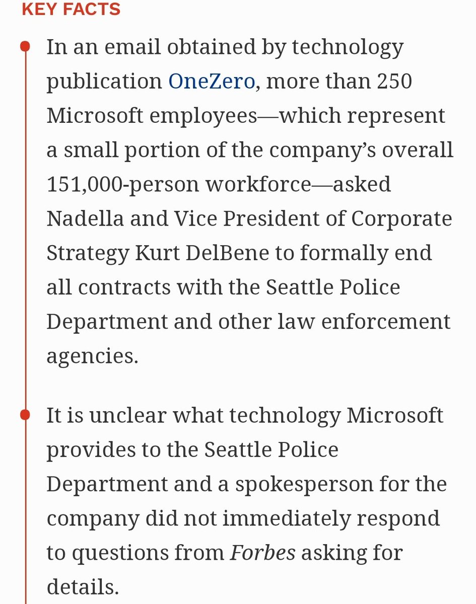 Microsoft believes we should focus on policing, not on the needs of our communities.June 2020: Microsoft's own EMPLOYEES believe they should divest from Seattle PD.  https://www.forbes.com/sites/rachelsandler/2020/06/09/250-microsoft-employees-urge-ceo-to-end-police-contracts/