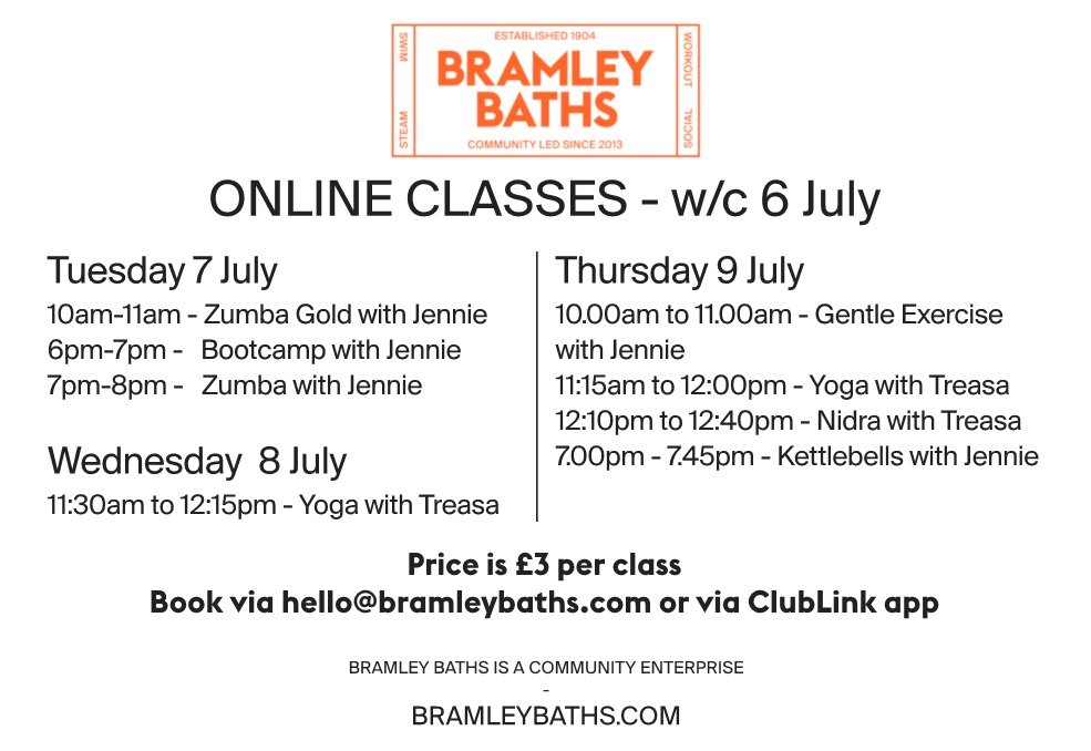 bramleybaths's tweet photo. Fancy shaking off the lockdown blues? Weโre excited to launch a small number of online classes next week, featuring Zumba and Zumba Gold with Jennie, as well as Yoga and Yoga Nidra with Treasa. Weโre also offering Gentle Exercise and Kettlebells. Details:
https://t.co/SzT0FUMsYV https://t.co/lAfjHNCarT