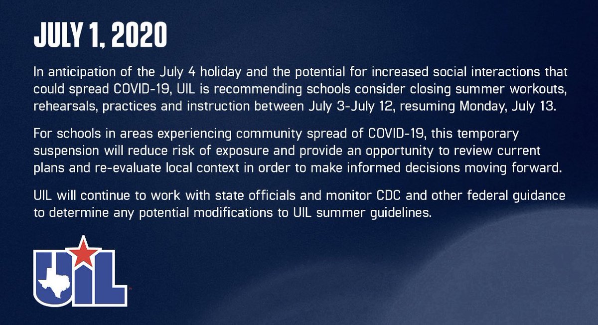 We are following UIL’s recommendation to suspend all summer workouts, rehearsals, and instruction until July 13th.