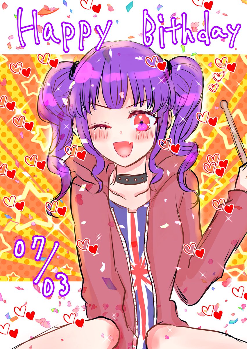 1girl solo one eye closed purple hair confetti twintails drumsticks  illustration images