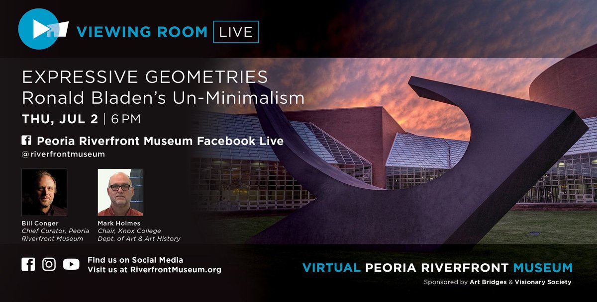 PeoriaMuseum's tweet photo. Tonight! At 6pm on the Museum’s Facebook page, join chief curator Bill Conger and chair of the Knox College department of art and art history, Mark Holmes for a Viewing Room LIVE event – Expressive Geometries: Ronald Bladen’s Un-Minimalism.
#MuseumAtHome #VPRM https://t.co/Pnf7mVToYe