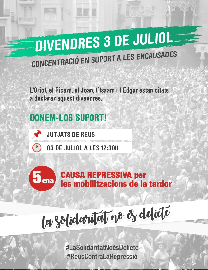SEPC_nacional's tweet photo. ❗La repressió contra l'independentisme també es troba a #Reus. 5 companyes dels moviment populars de la ciutat són citats a declarar per les mobiltzacions de la tardor. La solidaritat no és delicte! https://t.co/H1ADUZjbCS