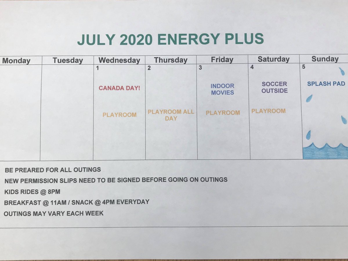 Rossbrook's tweet photo. As we cautiously venture back into daily activities, the Energy Plus (ages 6-11) calendar is posted inside the front doors of @Rossbrook Can we get a “yay”! #childrenandyouth #programsandactivities https://t.co/GEH7YWmZd7