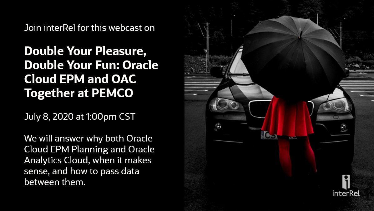 Please join @interRel on July 8, 2020 to hear how <a href="/PEMCO/">PEMCO Mutual Insurance Company</a> moved to the cloud from on-premises and use both #planning and <a href="/Oracle/">Oracle</a> Analytics Cloud together for great results. Register here bit.ly/3ghAsdl #EPMCloud #OAC <a href="/OracleERPCloud/">OracleERPCloud</a> #insurance oracle.com/EPM