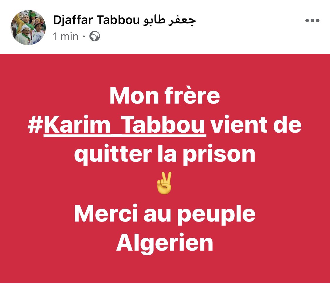 elhirak2's tweet photo. أخ كريم طابو على صفحته على الفايسبوك يشكر الشعب الجزائري https://t.co/zcDviBHu0S