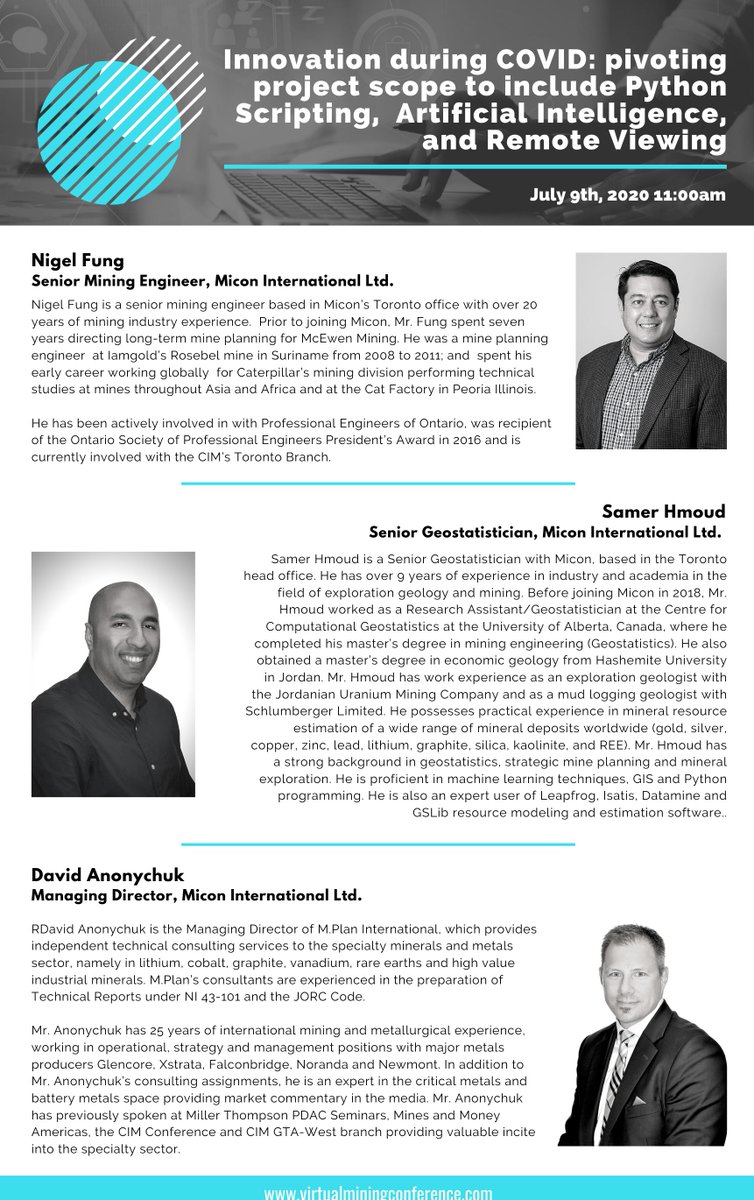 virtualminingc's tweet photo. VMC is proud to announce Micon International Limited as a presenter for our inaugural conference!

Micon will be presenting "Innovation during COVID: pivoting project scope to include Python Scripting, Artificial Intelligence, and Remote Viewing" on Thursday, July 9th at 11:00am. https://t.co/gOfOBeUNal