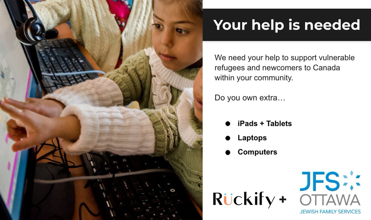 JFSOtt's tweet photo. Do you have unused laptops, tablets, or phones sitting in a drawer at home? If so, please consider donating them to @Ruckify ! Ruckify and @JFSOtt have teamed up to support #Newcomer families. To learn more, visit https://t.co/cicFIHev45. #DeviceDonation https://t.co/rZK01NarTf