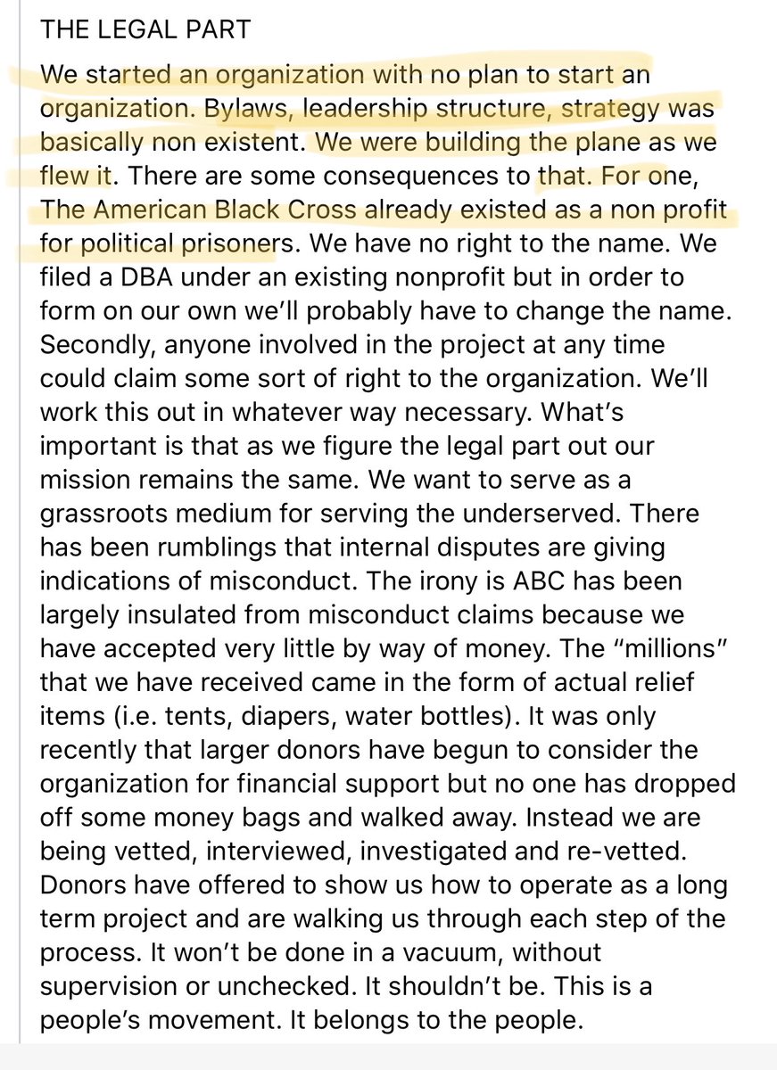 This is the part, though: “We started an organization with no plan to start an organization. Bylaws, leadership, structure, strategy was nonexistsnt.... The American Black Cross ALREADY EXISTED AS A NON PROFIT... we have no right to the name.”