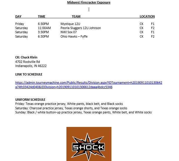 SoftballShock's tweet photo. Midwest Firecracker Game and Uniform Schedule

Tournament Link: 

https://t.co/eKVcDWYG2B https://t.co/uA3VtBt2Eq