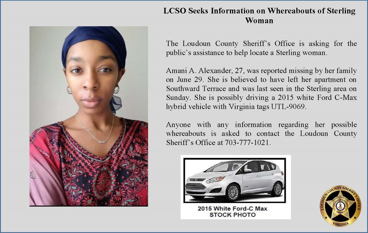 LoudounSheriff's tweet photo. Have you seen 27YO Amani A. Alexander of Sterling? She is believed to have left her apartment on Southward Terrace and was last seen in the Sterling area on Sunday. She is possibly driving a 2015 white Ford C-Max hybrid vehicle with Virginia tags UTL-9069. https://t.co/RSmbL3Rc79 https://t.co/rjXhlbTMIQ