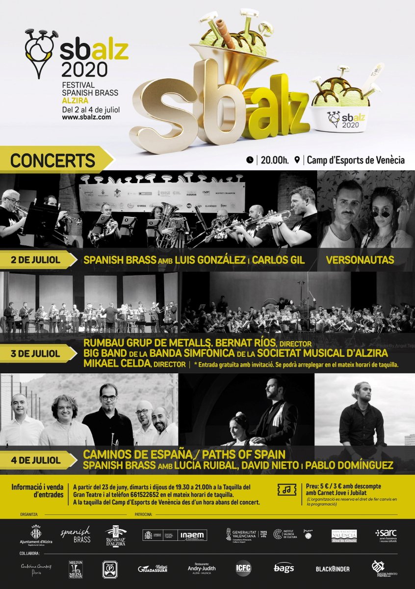 *FESTIVAL SPANISH BRASS #Alzira 2020*
DIVENDRES 03/07/2020

- RUMBAU GRUP DE METALLS
- BIG BAND DE LA BANDA SIMFÒNICA DE LA SOCIETAT MUSICAL D'ALZIRA.
<a href="/AlziraTurismo/">Alzira Turismo</a> <a href="/smalzira/">Soc Musical Alzira</a> <a href="/AjuntAlzira/">Ajuntament Alzira</a>