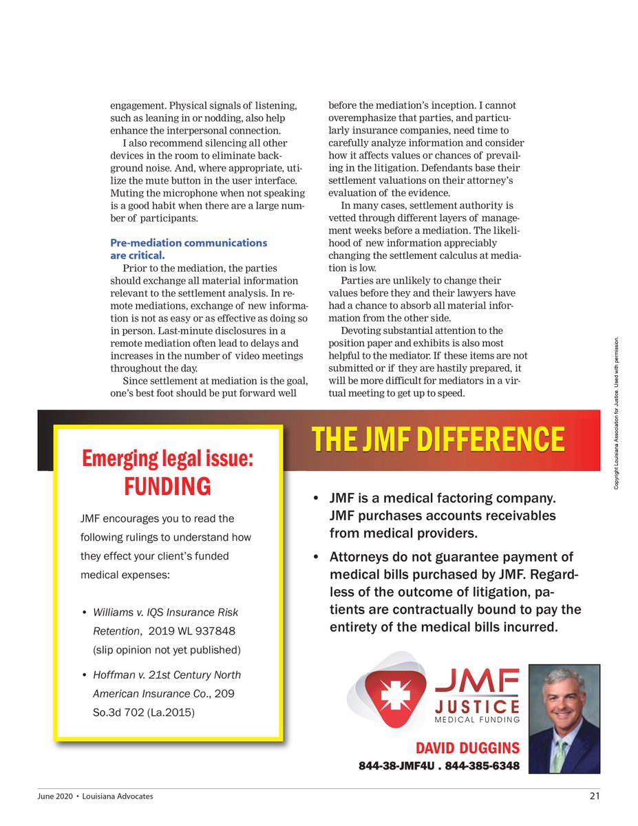 perrydampf's tweet photo. Check out this article, “Virtual mediations for real settlements”, by Robert “Bob” David, Jr., and featured in the June edition of Louisiana Advocates (the LAJ monthly). #perrydampf #mediation #mediator #negotiator #disputeresolution #adr #virtualmediation https://t.co/ic2VODspeC