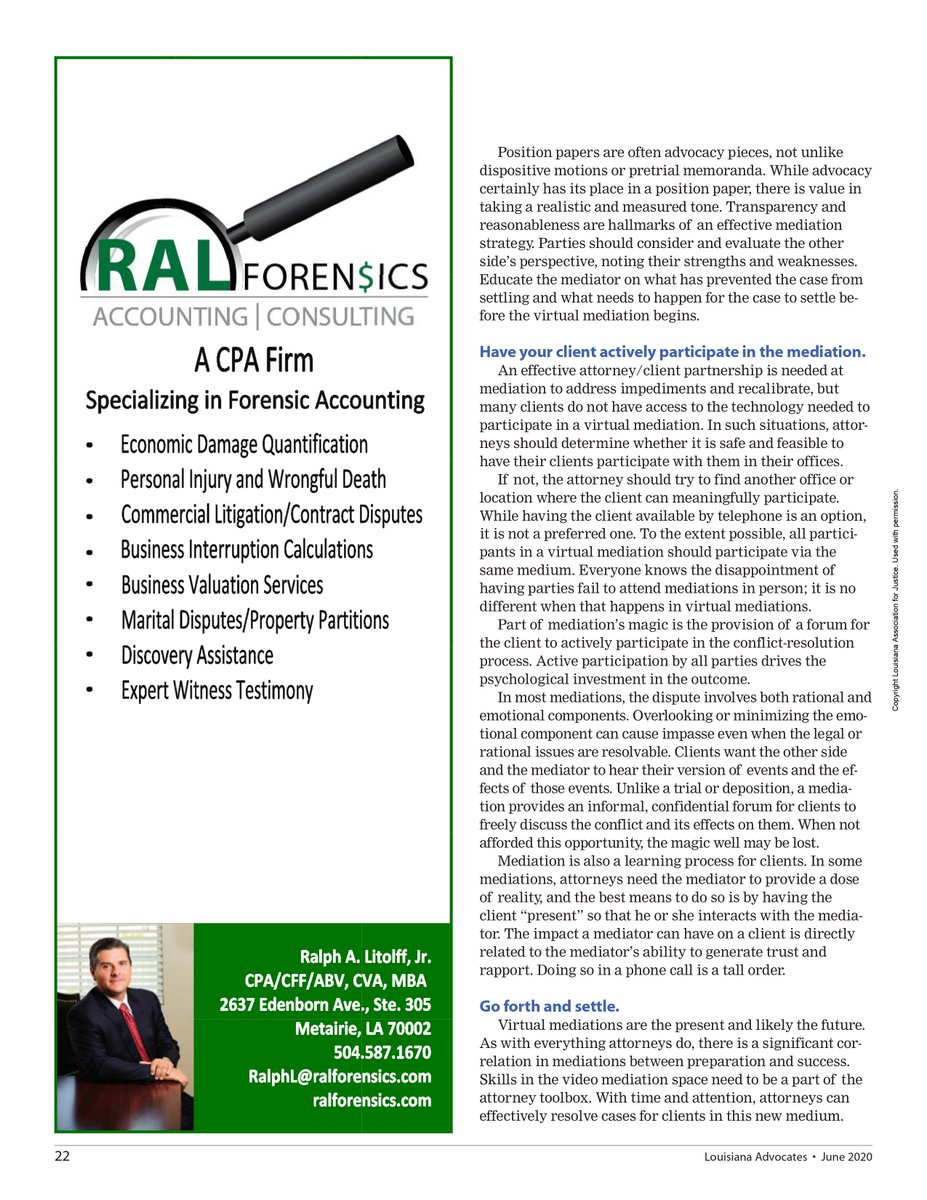 perrydampf's tweet photo. Check out this article, “Virtual mediations for real settlements”, by Robert “Bob” David, Jr., and featured in the June edition of Louisiana Advocates (the LAJ monthly). #perrydampf #mediation #mediator #negotiator #disputeresolution #adr #virtualmediation https://t.co/ic2VODspeC