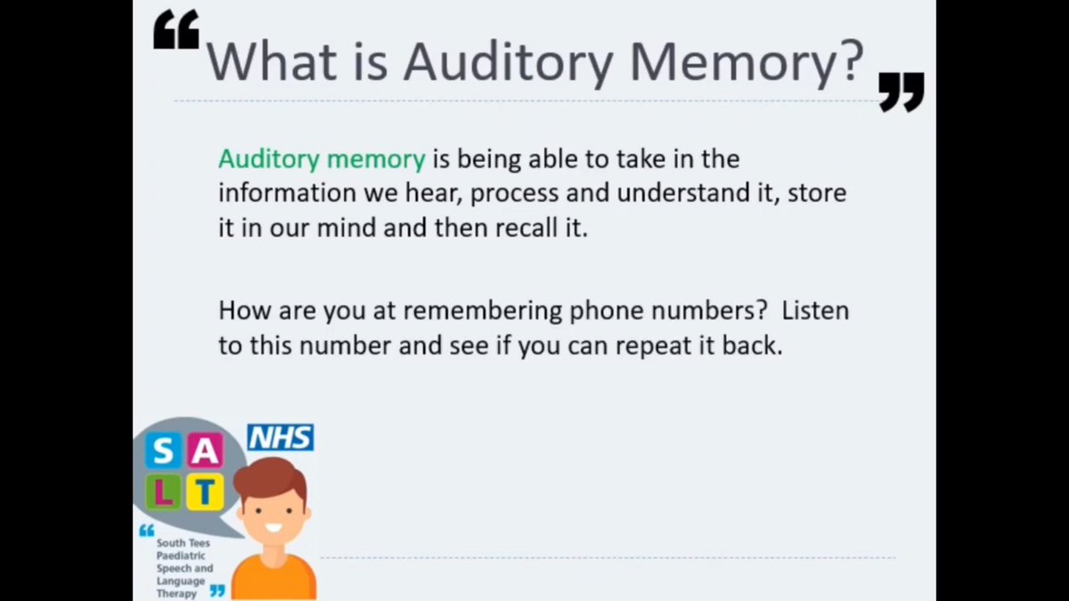 SouthTeesSALT's tweet photo. Auditory Memory. A Brief presentation from Helen @SouthTeesSALT explaining why it is important and how you can develop auditory memory skills.
#auditorymemory #memory #slt #slcn @RCSLT
😁👀😁🌈
https://t.co/PlCp00Ub1I https://t.co/oZ6X5phfMZ