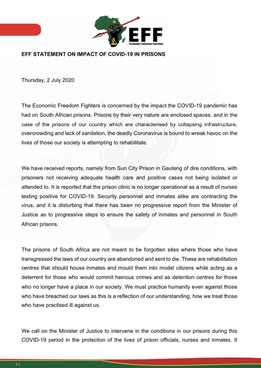 EFFSouthAfrica's tweet photo. EFF Statement on Impact of COVID-19 in Prisons https://t.co/ZNfxciJ3fR