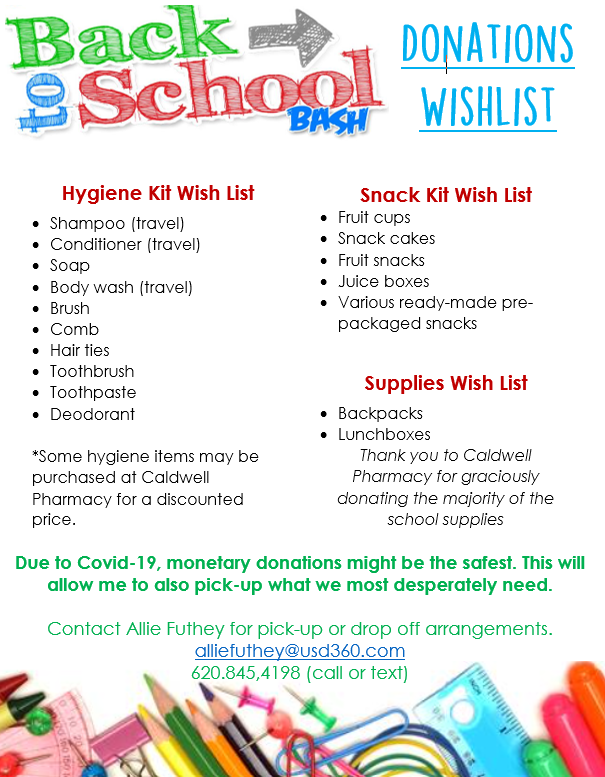 USD360_Caldwell's tweet photo. We are planning for the Back to School Bash for Caldwell students this August. This event relies solely on donations and last year was a huge success thanks to our wonderful community. We are hoping that we can make it even better this year! Please help if you can! https://t.co/zJ4oI2xMUE