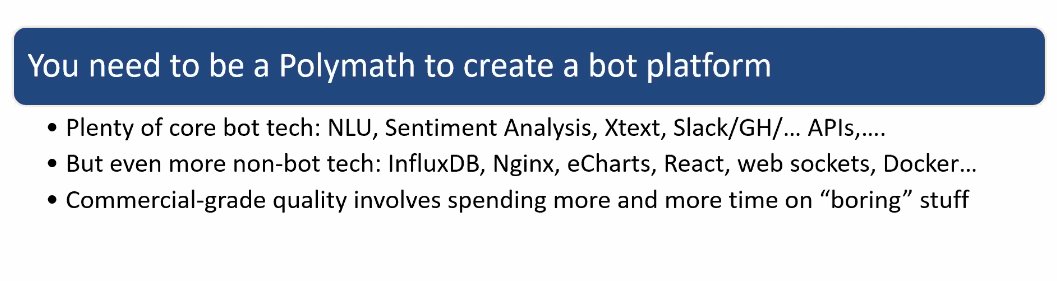 Good point by @softmodeling at @BotSE_WS: "You need to be a Polymath to create a bot platform"!
Software bot development cuts across a lot of (open) research areas and new technologies. #botse20